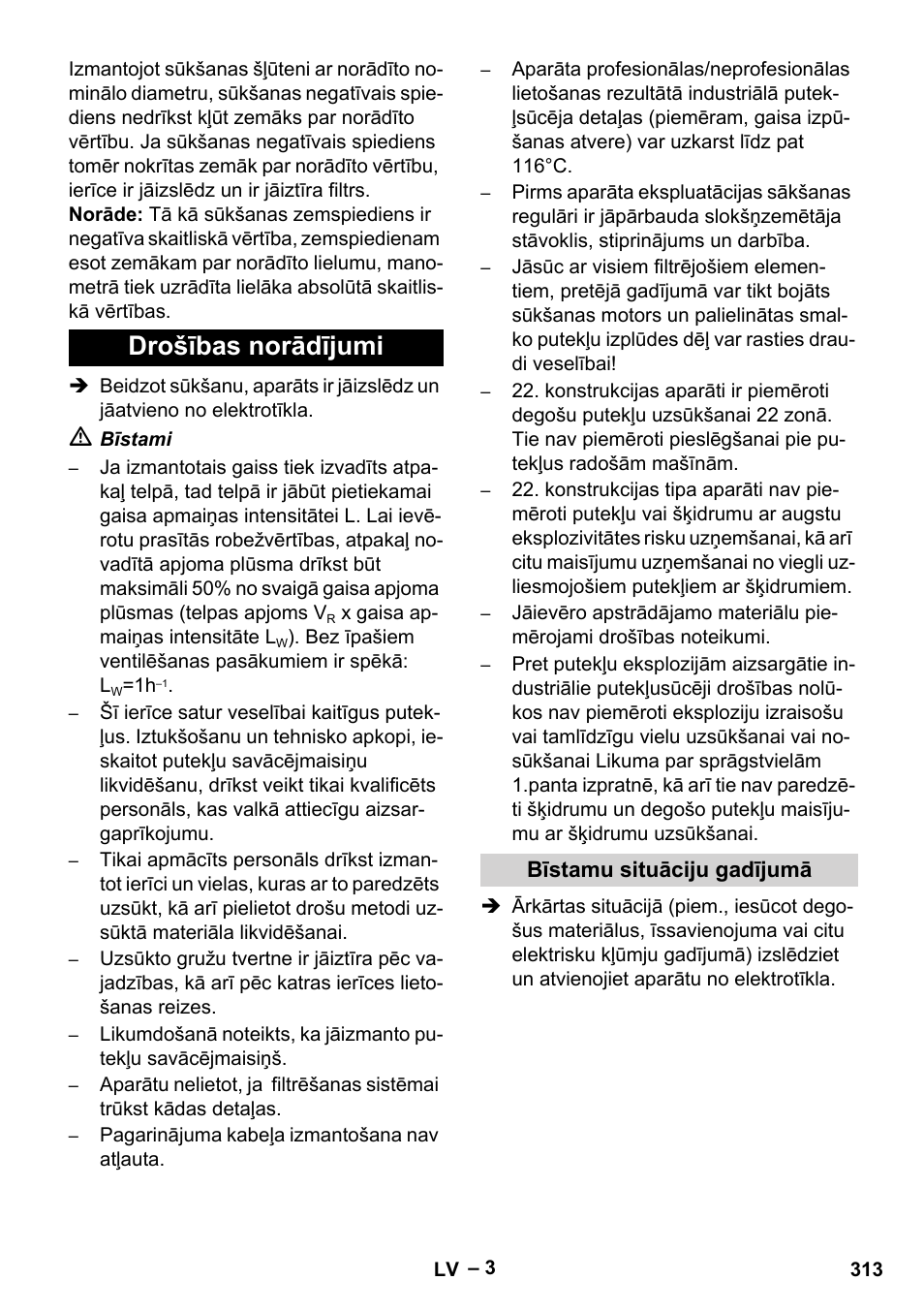 Drošības norādījumi, Bīstamu situāciju gadījumā | Karcher IV 100 - 40 M B1 User Manual | Page 313 / 352