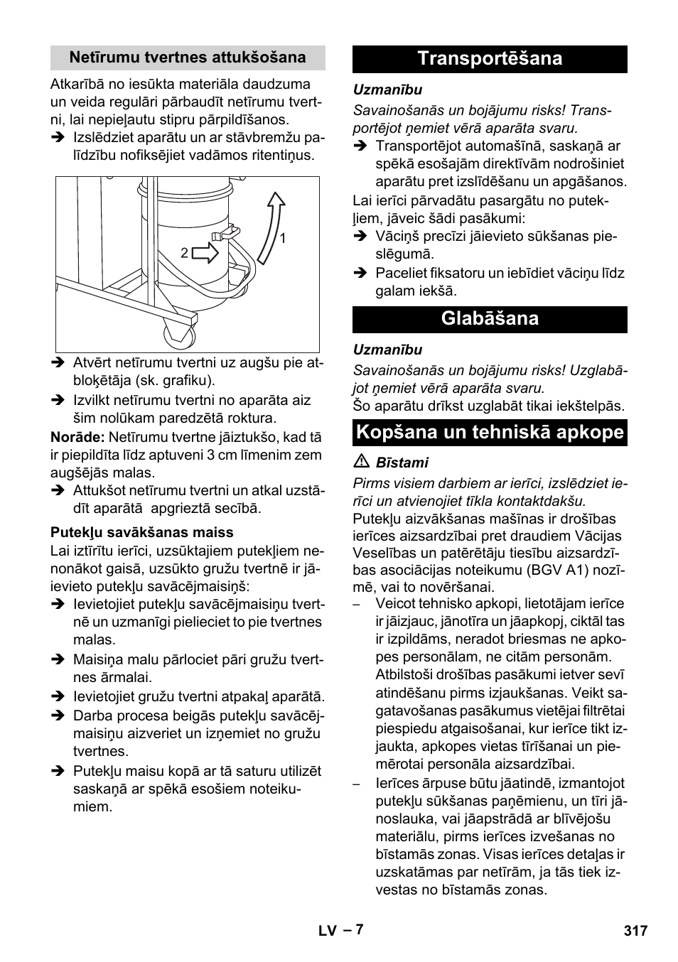 Netīrumu tvertnes attukšošana, Putekļu savākšanas maiss, Transportēšana | Glabāšana, Kopšana un tehniskā apkope | Karcher IV 100 - 40 M B1 User Manual | Page 317 / 352