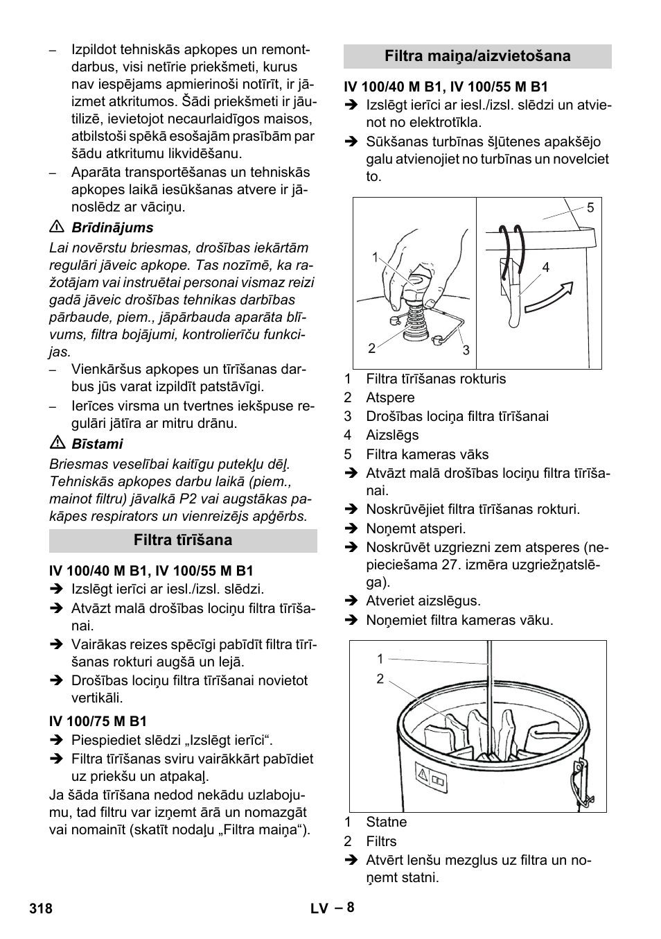 Filtra tīrīšana, Iv 100/40 m b1, iv 100/55 m b1, Iv 100/75 m b1 | Filtra maiņa/aizvietošana | Karcher IV 100 - 40 M B1 User Manual | Page 318 / 352
