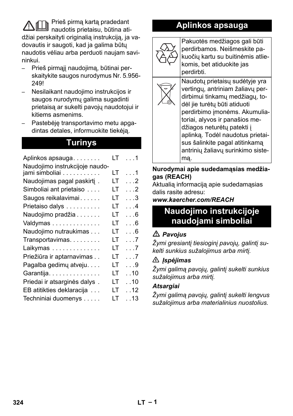 Lietuviškai, Turinys, Aplinkos apsauga | Naudojimo instrukcijoje naudojami simboliai | Karcher IV 100 - 40 M B1 User Manual | Page 324 / 352