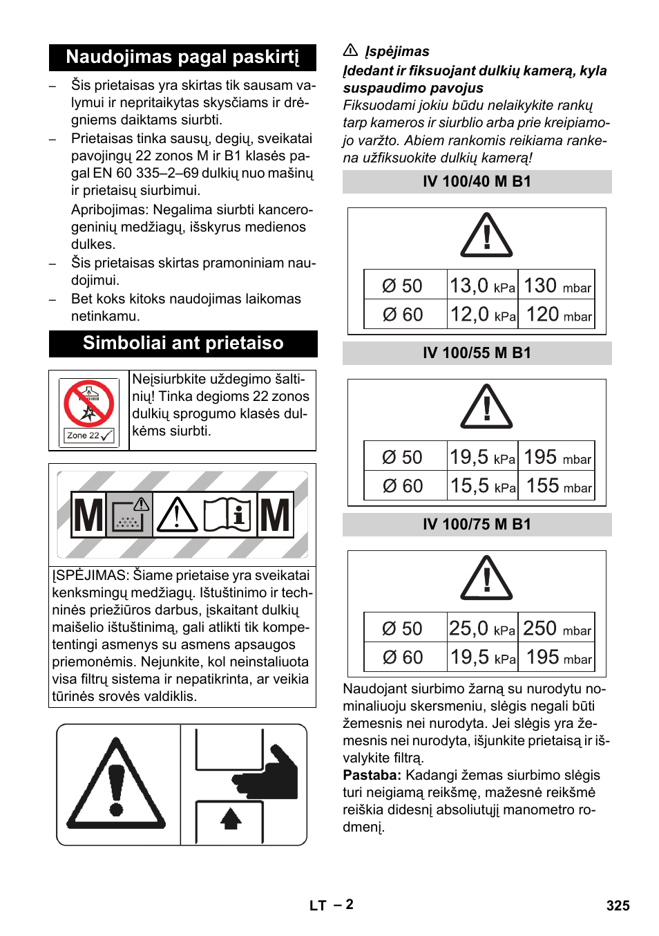 Naudojimas pagal paskirtį, Simboliai ant prietaiso, Iv 100/40 m b1 | Iv 100/55 m b1, Iv 100/75 m b1 | Karcher IV 100 - 40 M B1 User Manual | Page 325 / 352