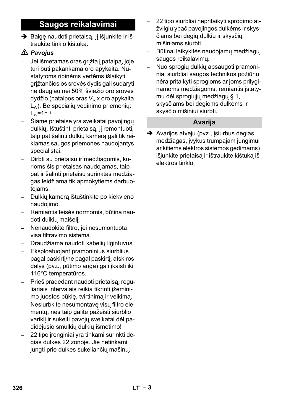 Saugos reikalavimai, Avarija | Karcher IV 100 - 40 M B1 User Manual | Page 326 / 352