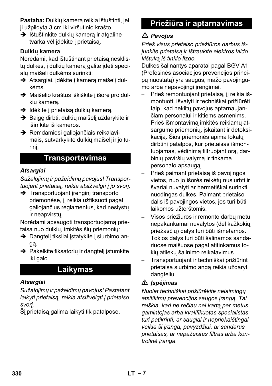 Dulkių kamera, Transportavimas, Laikymas | Priežiūra ir aptarnavimas, Transportavimas laikymas priežiūra ir aptarnavimas | Karcher IV 100 - 40 M B1 User Manual | Page 330 / 352
