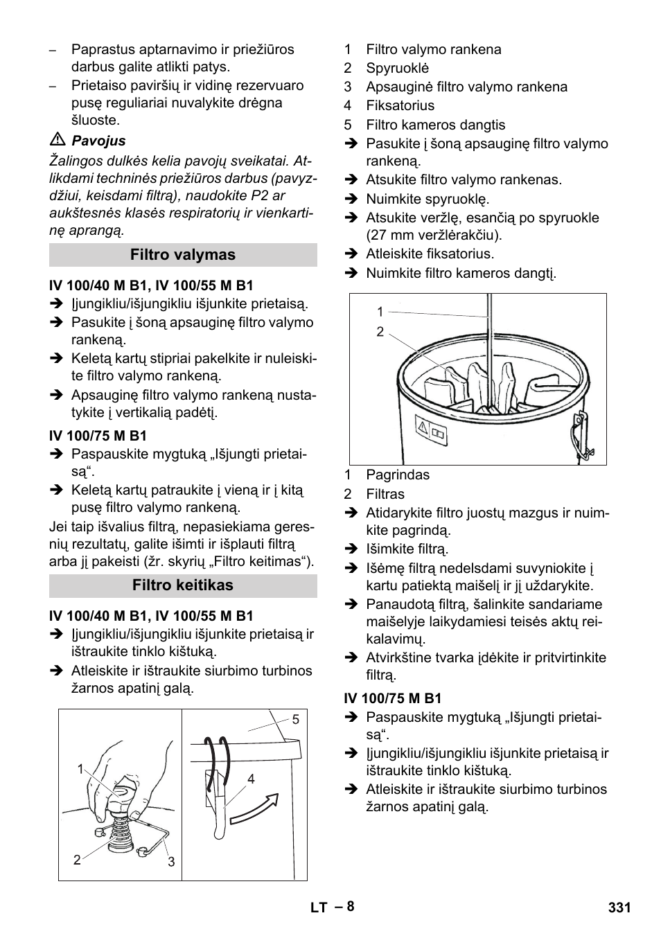 Filtro valymas, Iv 100/40 m b1, iv 100/55 m b1, Iv 100/75 m b1 | Filtro keitikas | Karcher IV 100 - 40 M B1 User Manual | Page 331 / 352