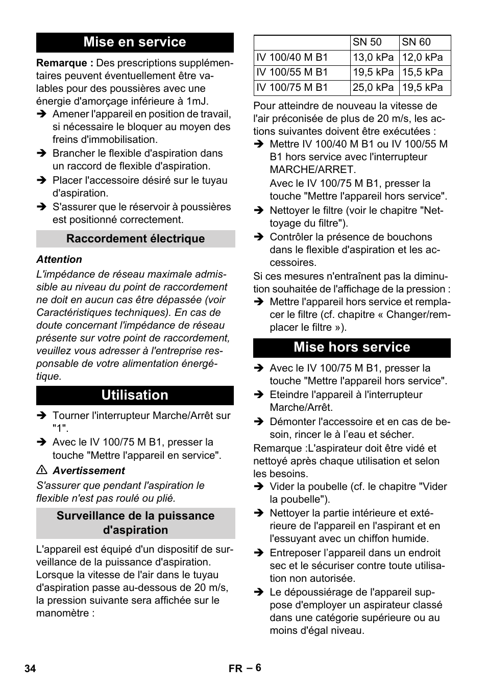 Mise en service, Raccordement électrique, Utilisation | Surveillance de la puissance d'aspiration, Mise hors service | Karcher IV 100 - 40 M B1 User Manual | Page 34 / 352