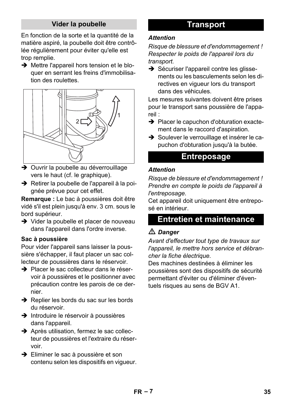 Vider la poubelle, Sac à poussière, Transport | Entreposage, Entretien et maintenance, Transport entreposage entretien et maintenance | Karcher IV 100 - 40 M B1 User Manual | Page 35 / 352
