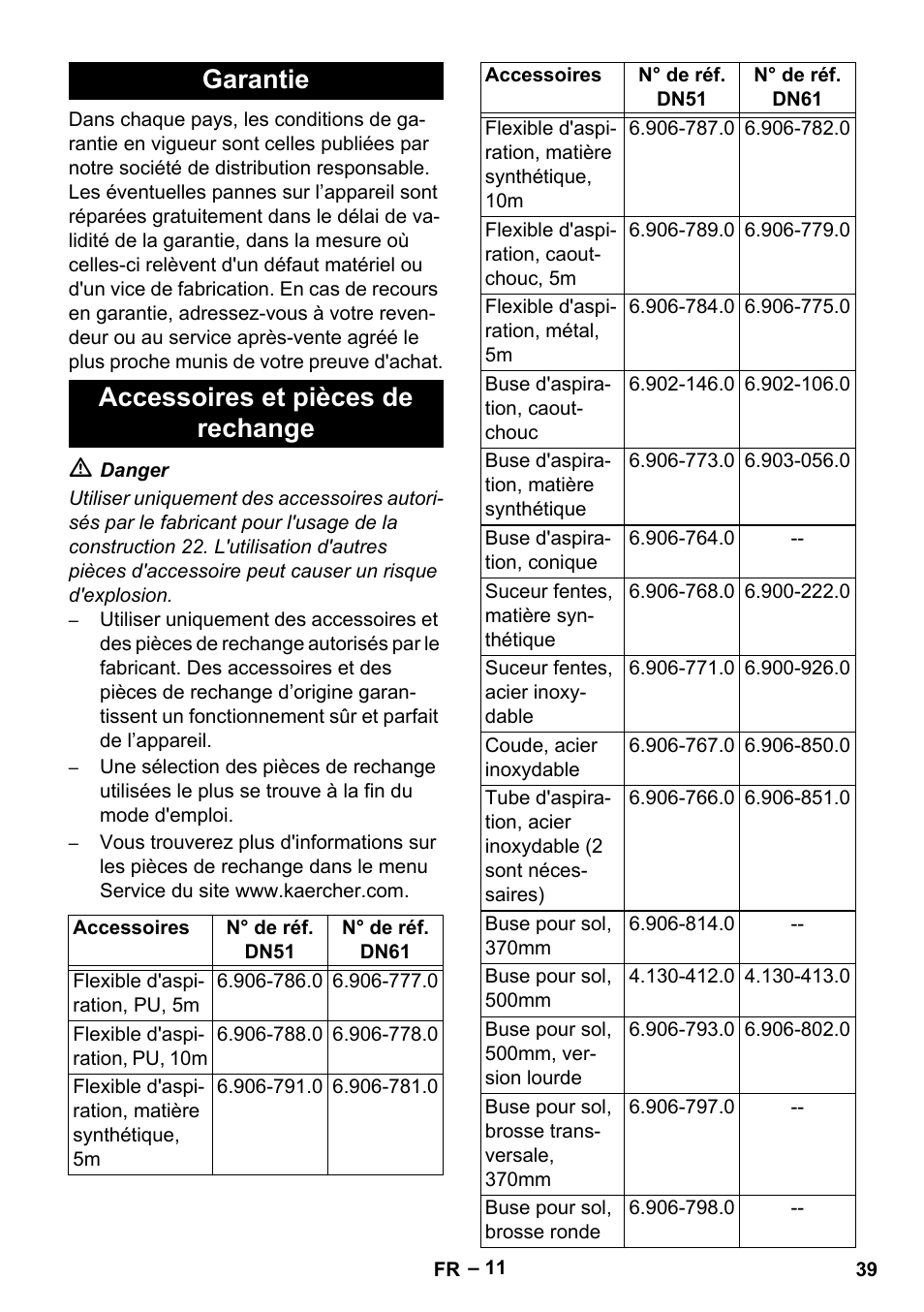 Garantie, Accessoires et pièces de rechange, Garantie accessoires et pièces de rechange | Karcher IV 100 - 40 M B1 User Manual | Page 39 / 352