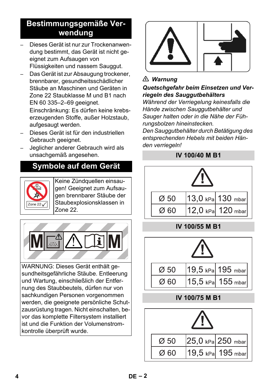 Bestimmungsgemäße verwendung, Symbole auf dem gerät, Iv 100/40 m b1 | Iv 100/55 m b1, Iv 100/75 m b1 | Karcher IV 100 - 40 M B1 User Manual | Page 4 / 352