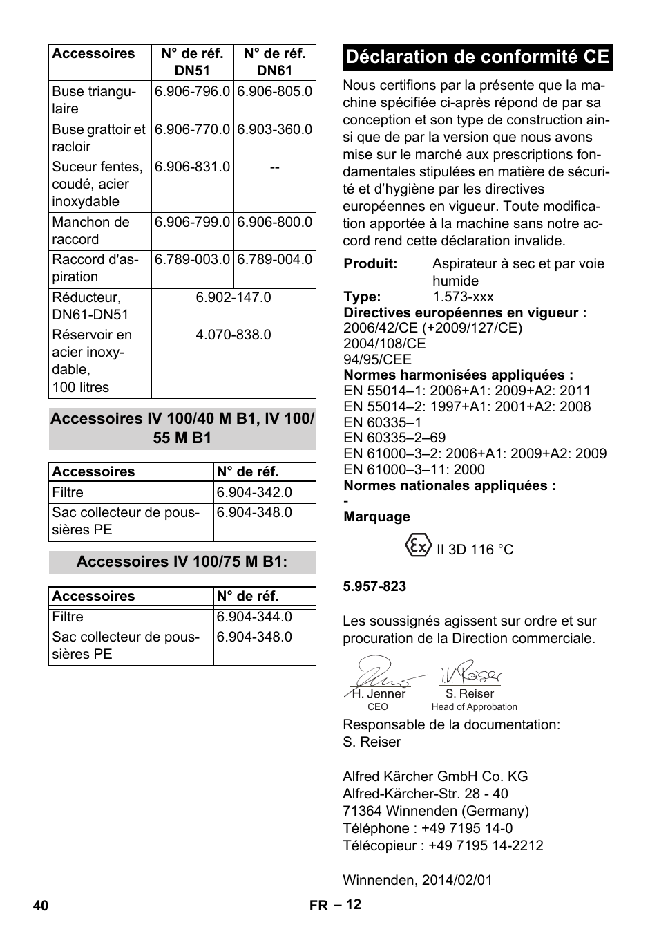 Accessoires iv 100/40 m b1, iv 100/ 55 m b1, Accessoires iv 100/75 m b1, Déclaration de conformité ce | Karcher IV 100 - 40 M B1 User Manual | Page 40 / 352