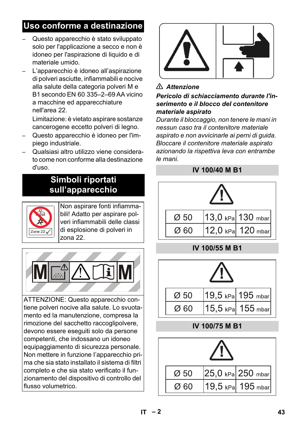 Uso conforme a destinazione, Simboli riportati sull’apparecchio, Iv 100/40 m b1 | Iv 100/55 m b1, Iv 100/75 m b1 | Karcher IV 100 - 40 M B1 User Manual | Page 43 / 352