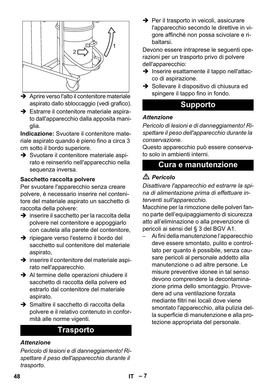 Sacchetto raccolta polvere, Trasporto, Supporto | Cura e manutenzione, Trasporto supporto cura e manutenzione | Karcher IV 100 - 40 M B1 User Manual | Page 48 / 352