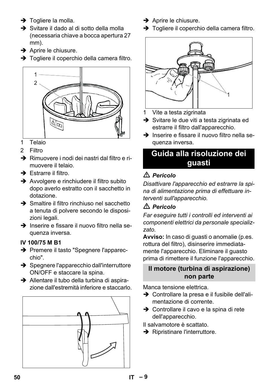 Iv 100/75 m b1, Guida alla risoluzione dei guasti, Il motore (turbina di aspirazione) non parte | Karcher IV 100 - 40 M B1 User Manual | Page 50 / 352
