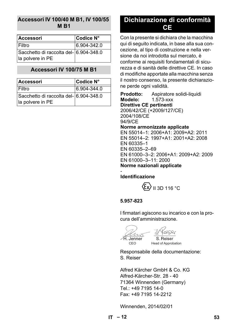 Accessori iv 100/40 m b1, iv 100/55 m b1, Accessori iv 100/75 m b1, Dichiarazione di conformità ce | Karcher IV 100 - 40 M B1 User Manual | Page 53 / 352