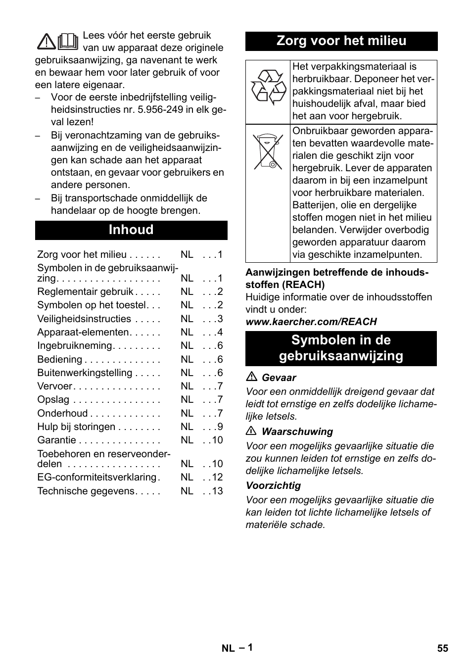 Nederlands, Inhoud, Zorg voor het milieu | Symbolen in de gebruiksaanwijzing | Karcher IV 100 - 40 M B1 User Manual | Page 55 / 352