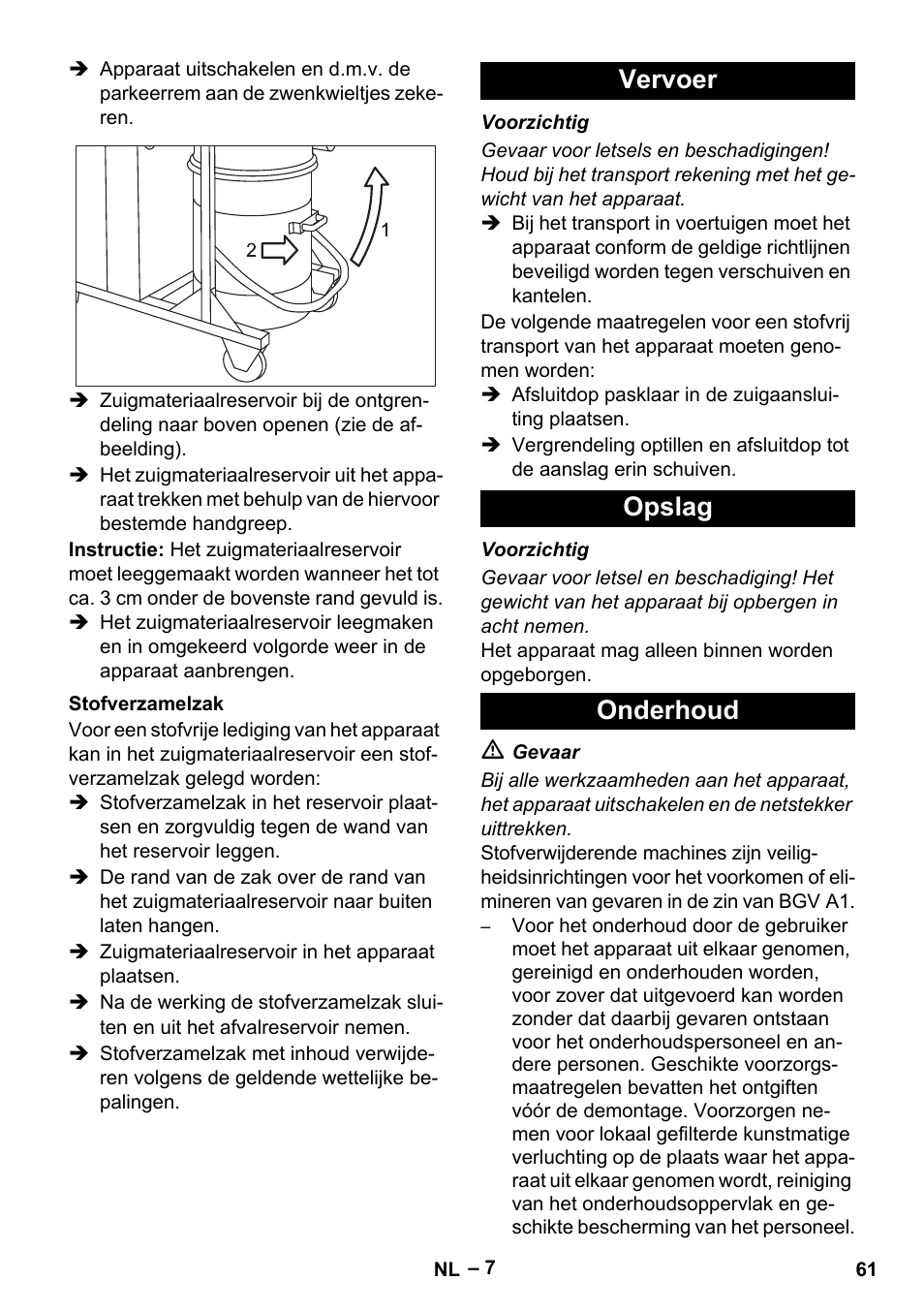 Stofverzamelzak, Vervoer, Opslag | Onderhoud, Vervoer opslag onderhoud | Karcher IV 100 - 40 M B1 User Manual | Page 61 / 352
