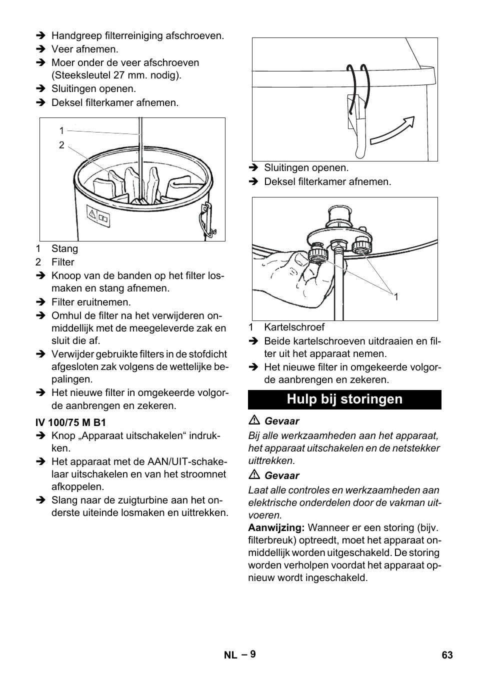 Iv 100/75 m b1, Hulp bij storingen | Karcher IV 100 - 40 M B1 User Manual | Page 63 / 352