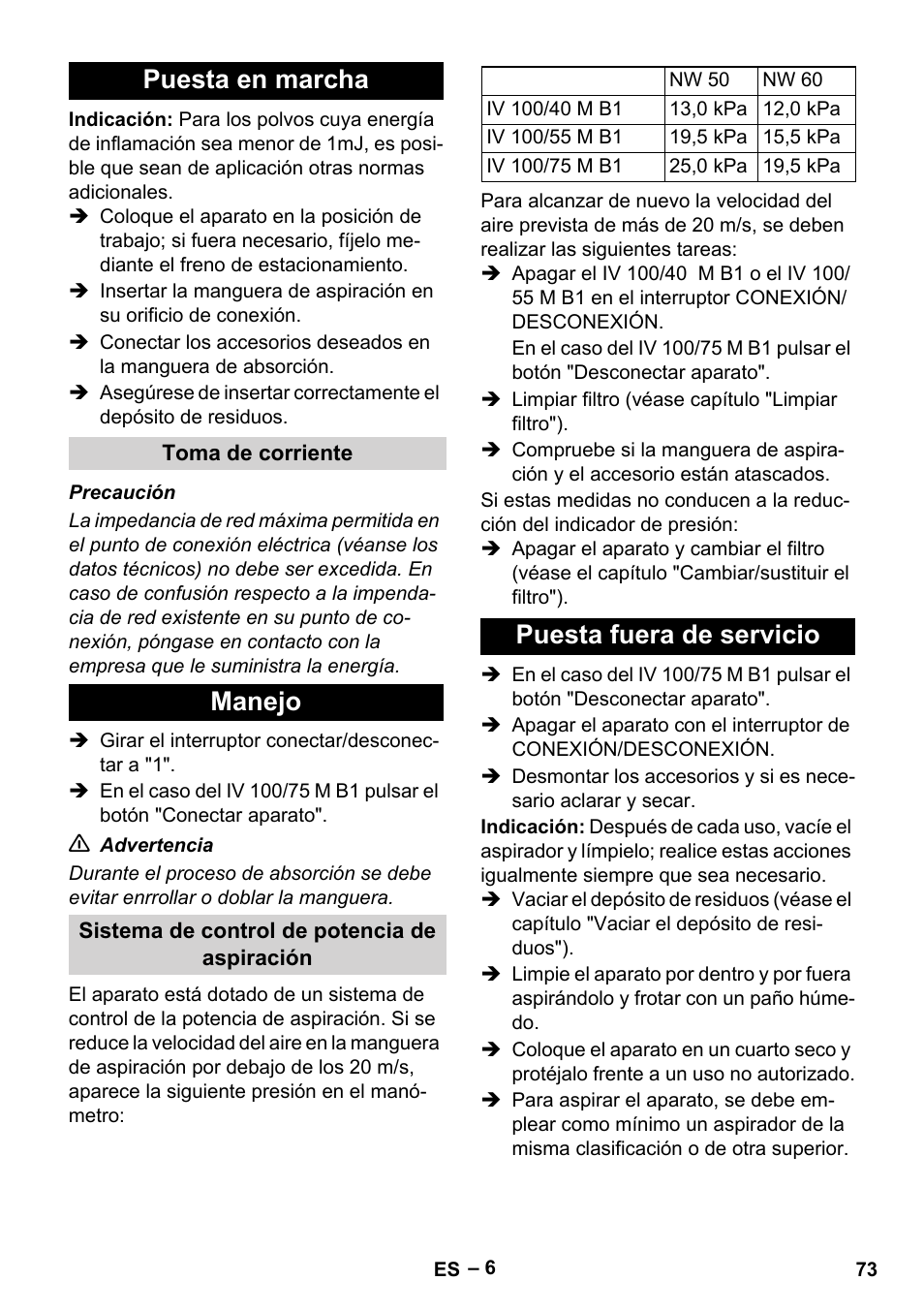 Puesta en marcha, Toma de corriente, Manejo | Sistema de control de potencia de aspiración, Puesta fuera de servicio | Karcher IV 100 - 40 M B1 User Manual | Page 73 / 352