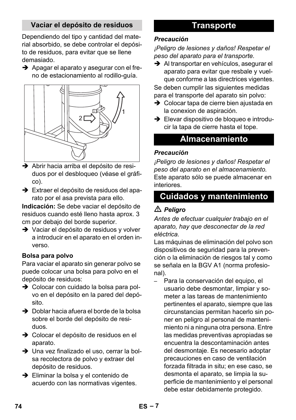 Vaciar el depósito de residuos, Bolsa para polvo, Transporte | Almacenamiento, Cuidados y mantenimiento, Transporte almacenamiento cuidados y mantenimiento | Karcher IV 100 - 40 M B1 User Manual | Page 74 / 352