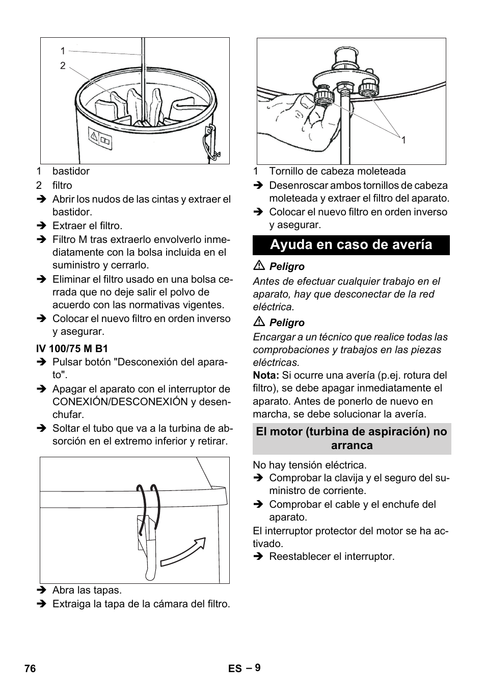 Iv 100/75 m b1, Ayuda en caso de avería, El motor (turbina de aspiración) no arranca | Karcher IV 100 - 40 M B1 User Manual | Page 76 / 352
