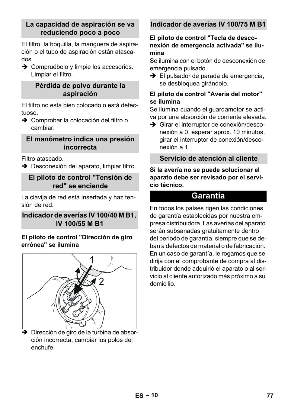 Pérdida de polvo durante la aspiración, El manómetro indica una presión incorrecta, El piloto de control "tensión de red" se enciende | Indicador de averías iv 100/75 m b1, El piloto de control "avería del motor" se ilumina, Servicio de atención al cliente, Garantía | Karcher IV 100 - 40 M B1 User Manual | Page 77 / 352