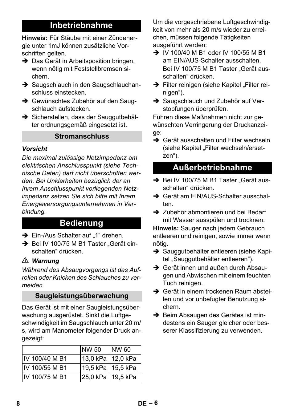 Inbetriebnahme, Stromanschluss, Bedienung | Saugleistungsüberwachung, Außerbetriebnahme | Karcher IV 100 - 40 M B1 User Manual | Page 8 / 352