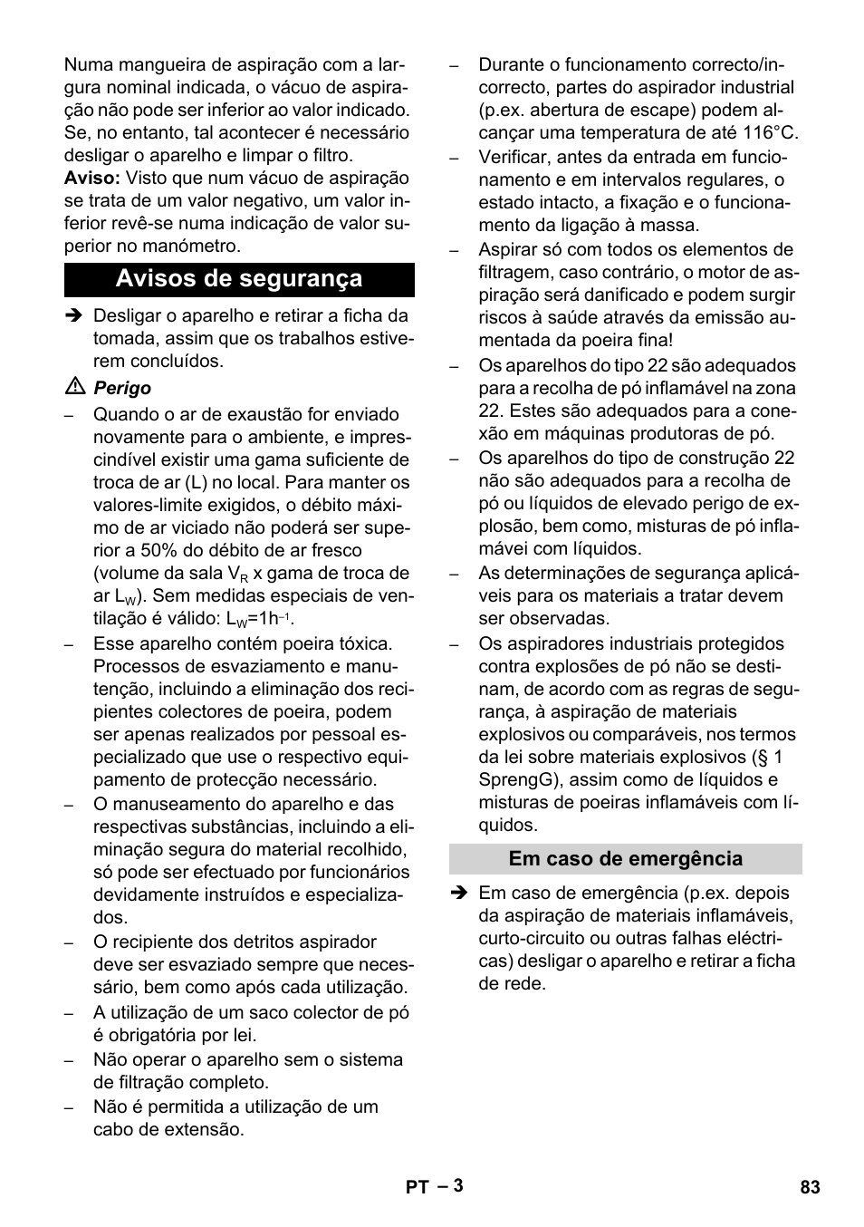 Avisos de segurança, Em caso de emergência | Karcher IV 100 - 40 M B1 User Manual | Page 83 / 352