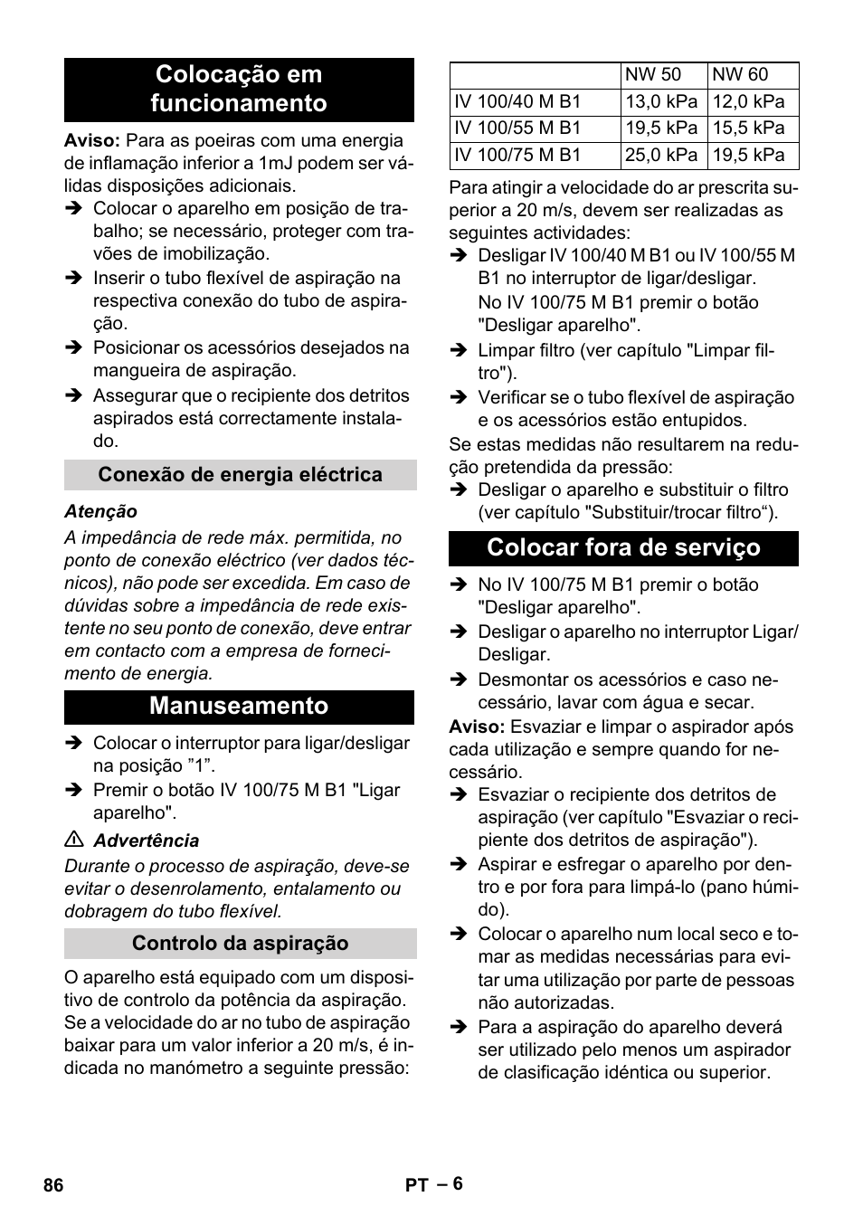 Colocação em funcionamento, Conexão de energia eléctrica, Manuseamento | Controlo da aspiração, Colocar fora de serviço | Karcher IV 100 - 40 M B1 User Manual | Page 86 / 352