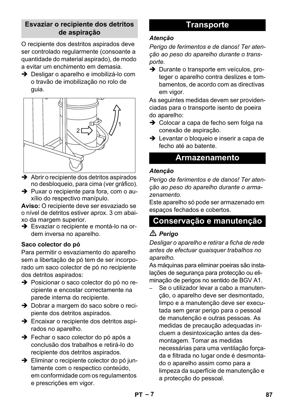 Esvaziar o recipiente dos detritos de aspiração, Saco colector do pó, Transporte | Armazenamento, Conservação e manutenção, Transporte armazenamento conservação e manutenção | Karcher IV 100 - 40 M B1 User Manual | Page 87 / 352