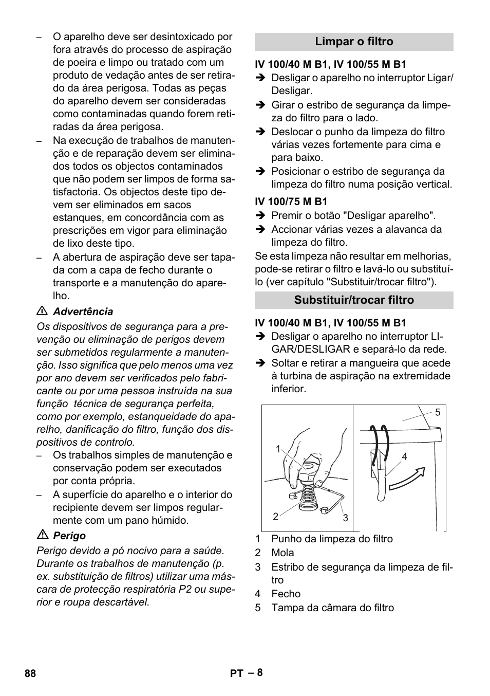 Limpar o filtro, Iv 100/40 m b1, iv 100/55 m b1, Iv 100/75 m b1 | Substituir/trocar filtro | Karcher IV 100 - 40 M B1 User Manual | Page 88 / 352