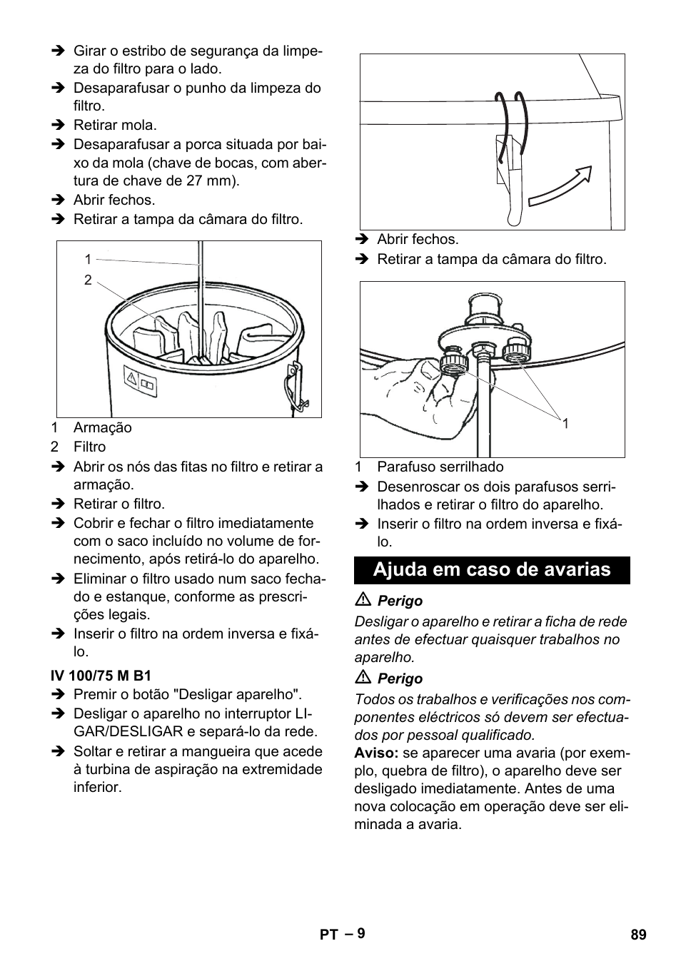 Iv 100/75 m b1, Ajuda em caso de avarias | Karcher IV 100 - 40 M B1 User Manual | Page 89 / 352