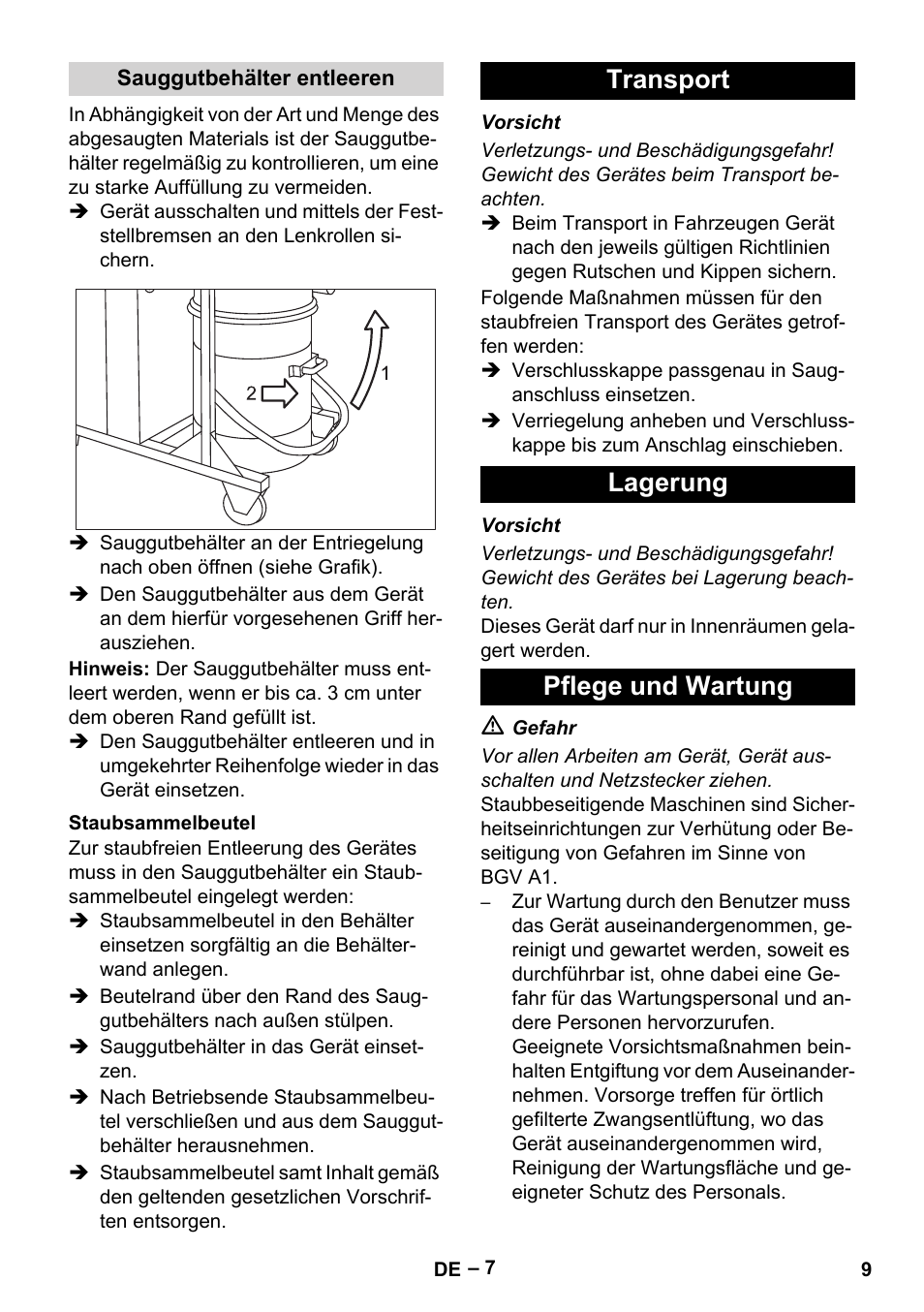 Sauggutbehälter entleeren, Staubsammelbeutel, Transport | Lagerung, Pflege und wartung, Transport lagerung pflege und wartung | Karcher IV 100 - 40 M B1 User Manual | Page 9 / 352