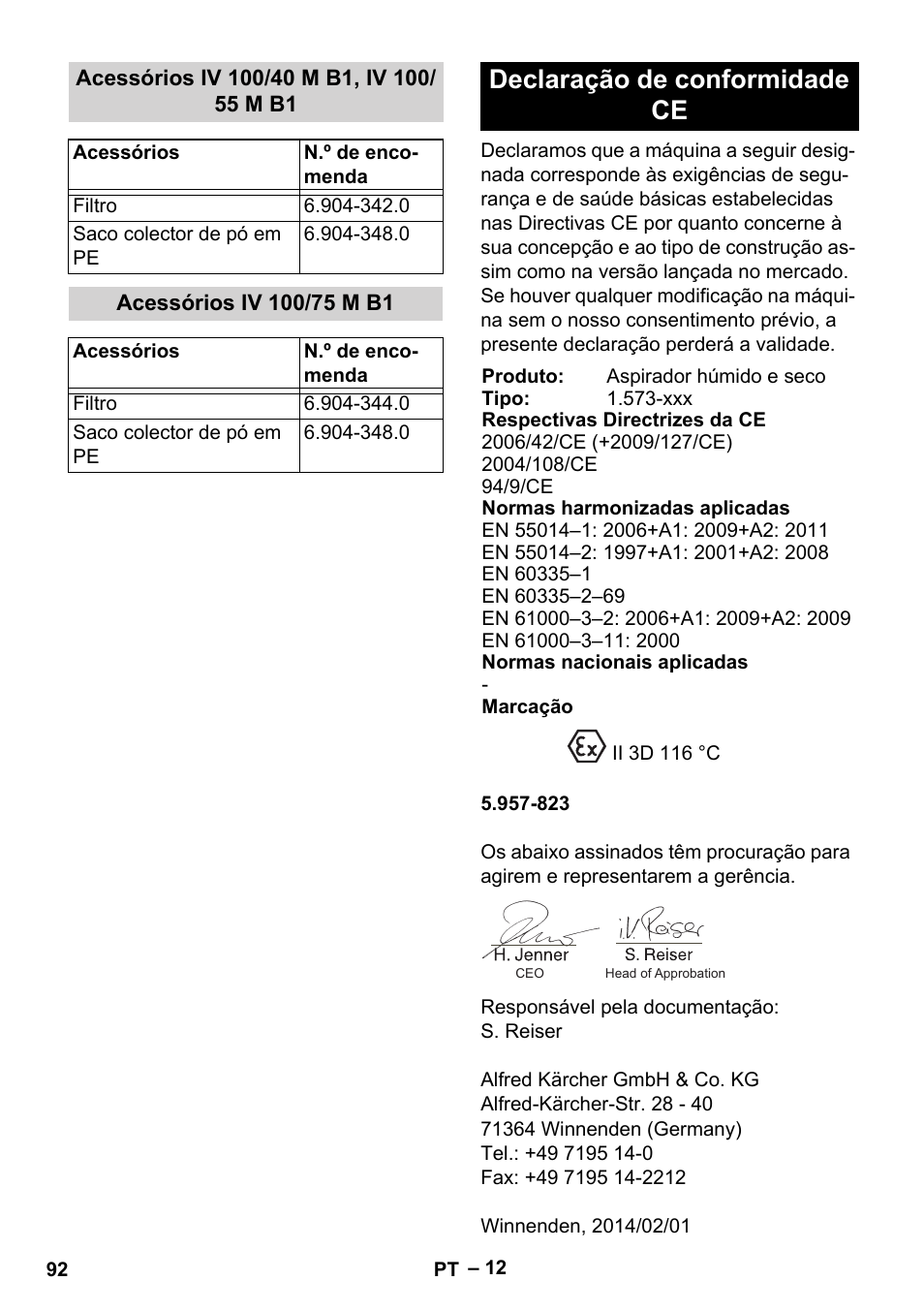 Acessórios iv 100/40 m b1, iv 100/ 55 m b1, Acessórios iv 100/75 m b1, Declaração de conformidade ce | Karcher IV 100 - 40 M B1 User Manual | Page 92 / 352