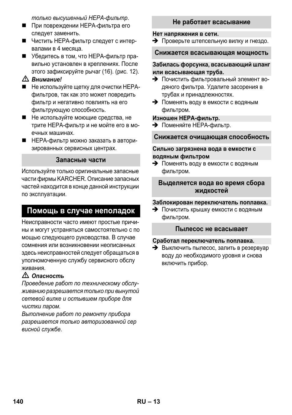 Помощь в случае неполадок | Karcher SV 1902 User Manual | Page 140 / 284