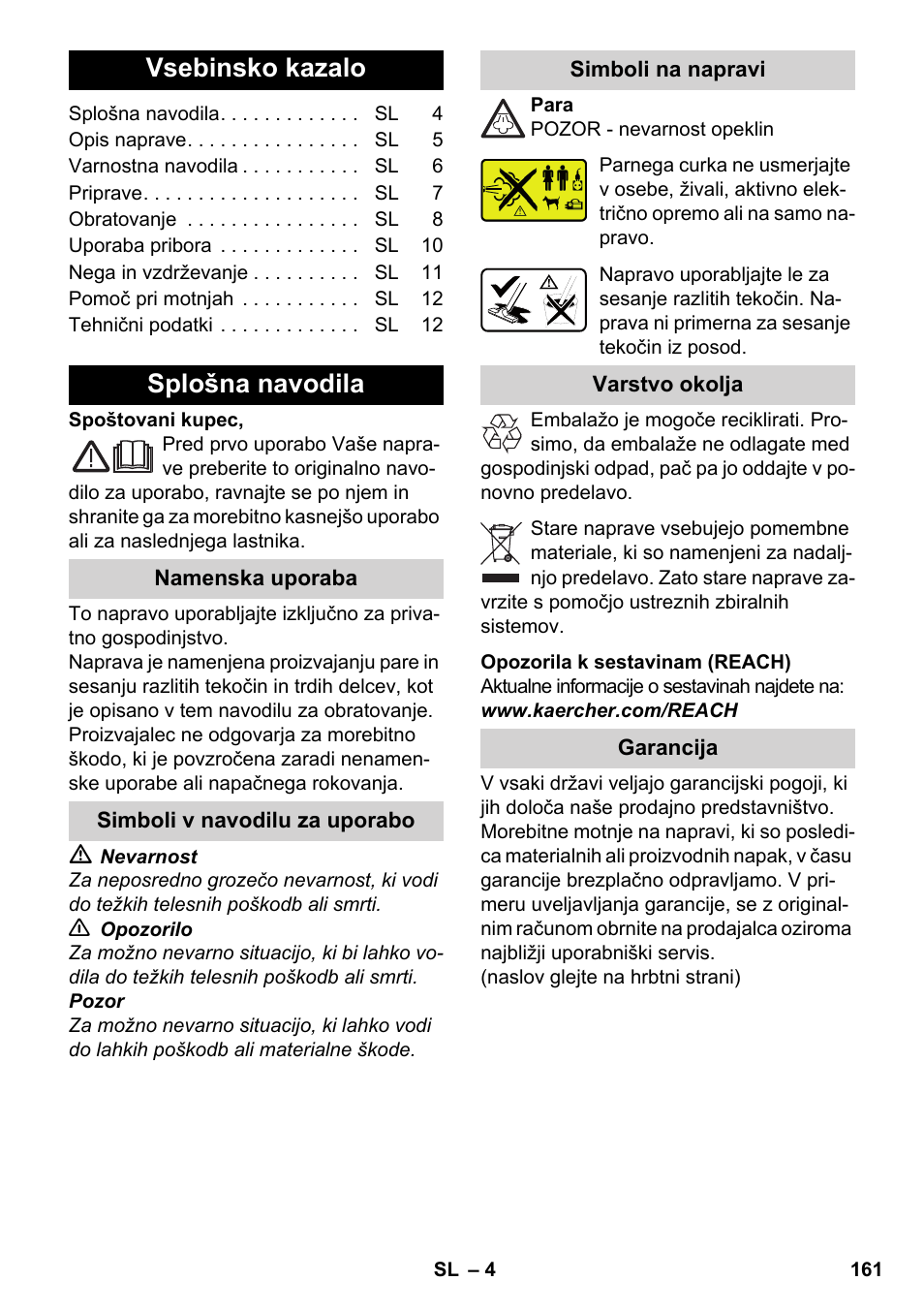 Slovenščina, Vsebinsko kazalo, Splošna navodila | Karcher SV 1902 User Manual | Page 161 / 284