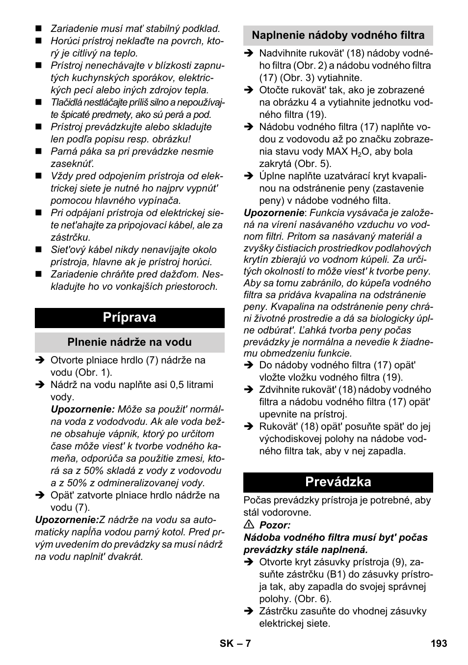 Príprava, Prevádzka | Karcher SV 1902 User Manual | Page 193 / 284