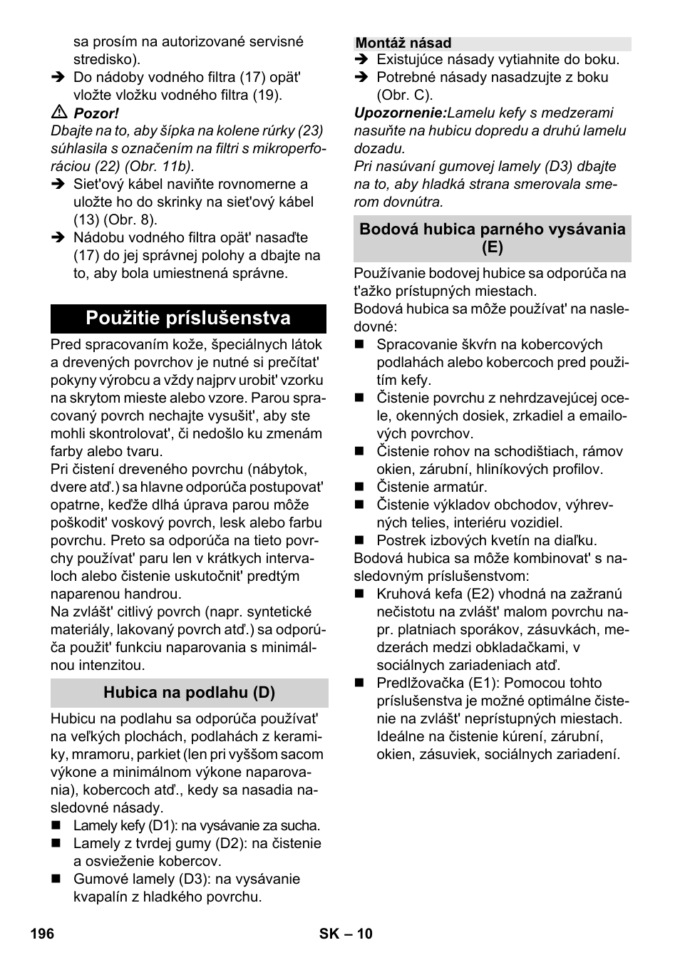 Použitie príslušenstva | Karcher SV 1902 User Manual | Page 196 / 284