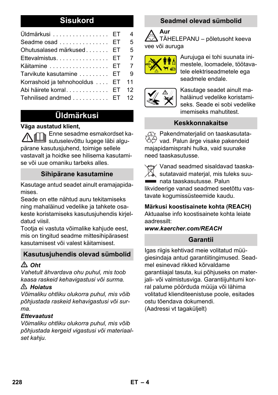Eesti, Sisukord, Üldmärkusi | Karcher SV 1902 User Manual | Page 228 / 284