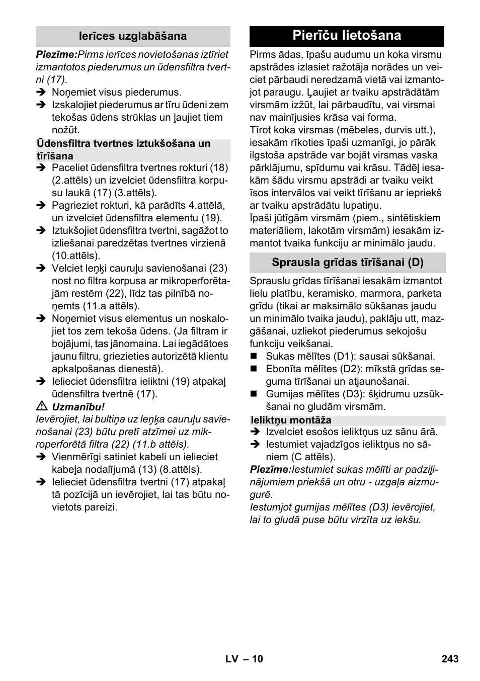 Pierīču lietošana | Karcher SV 1902 User Manual | Page 243 / 284
