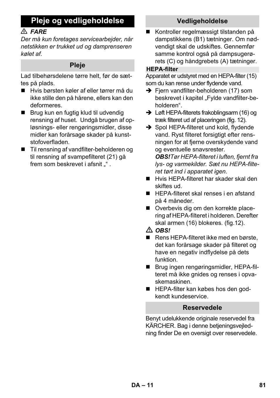 Pleje og vedligeholdelse | Karcher SV 1902 User Manual | Page 81 / 284