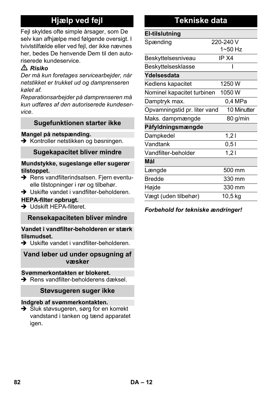 Hjælp ved fejl, Tekniske data | Karcher SV 1902 User Manual | Page 82 / 284