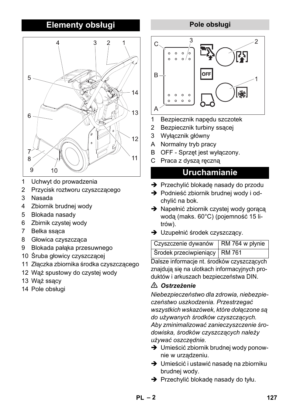 Elementy obsługi, Uruchamianie | Karcher BRC 30-15 C User Manual | Page 127 / 200