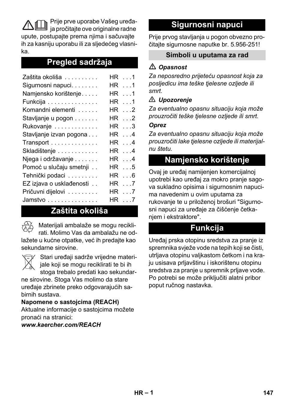 Hrvatski, Pregled sadržaja, Zaštita okoliša sigurnosni napuci | Namjensko korištenje funkcija | Karcher BRC 30-15 C User Manual | Page 147 / 200