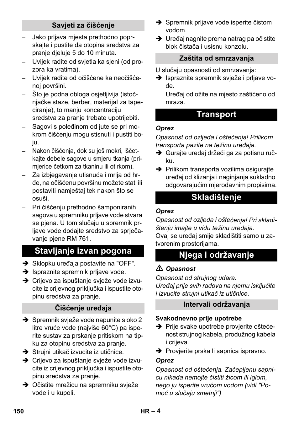 Stavljanje izvan pogona, Transport skladištenje njega i održavanje | Karcher BRC 30-15 C User Manual | Page 150 / 200