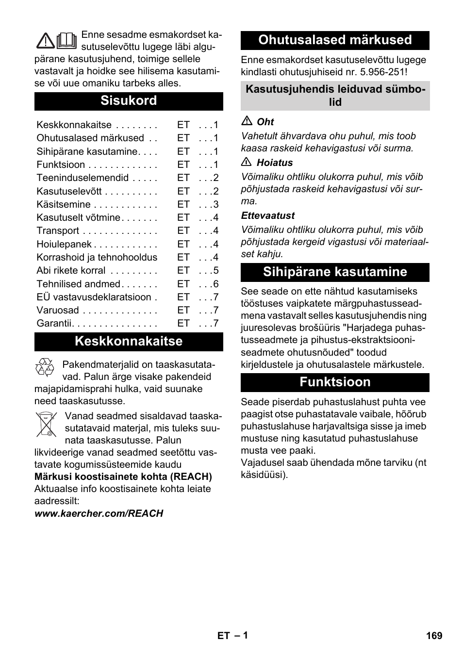 Eesti, Sisukord, Keskkonnakaitse ohutusalased märkused | Sihipärane kasutamine funktsioon | Karcher BRC 30-15 C User Manual | Page 169 / 200