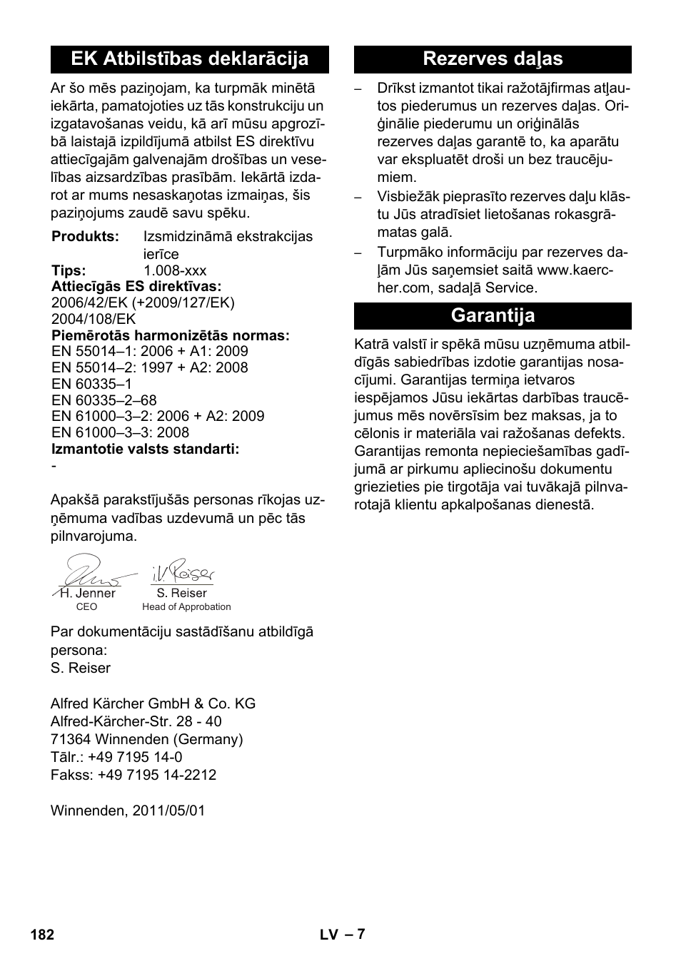 Ek atbilstības deklarācija, Rezerves daļas garantija | Karcher BRC 30-15 C User Manual | Page 182 / 200