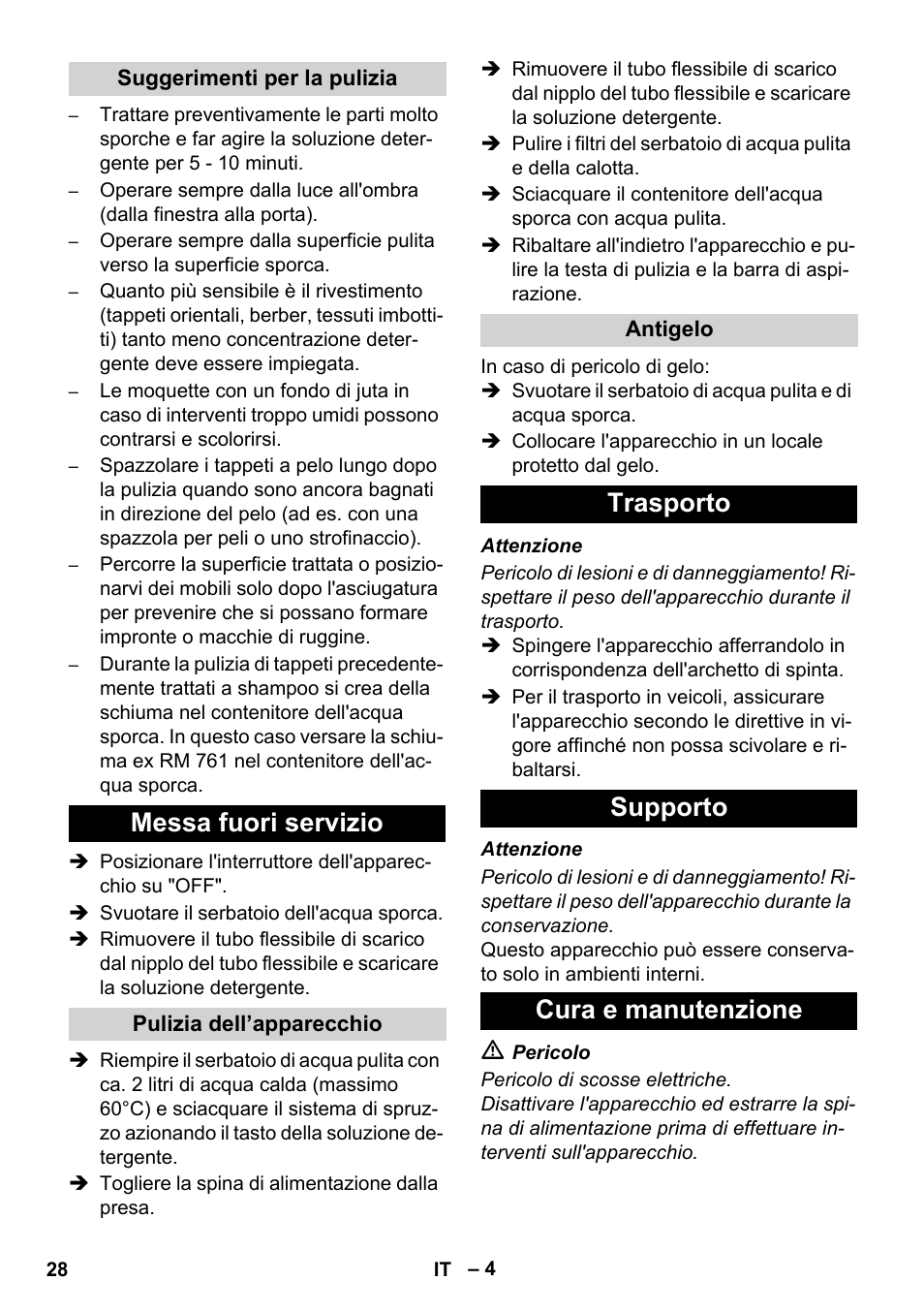 Messa fuori servizio, Trasporto supporto cura e manutenzione | Karcher BRC 30-15 C User Manual | Page 28 / 200