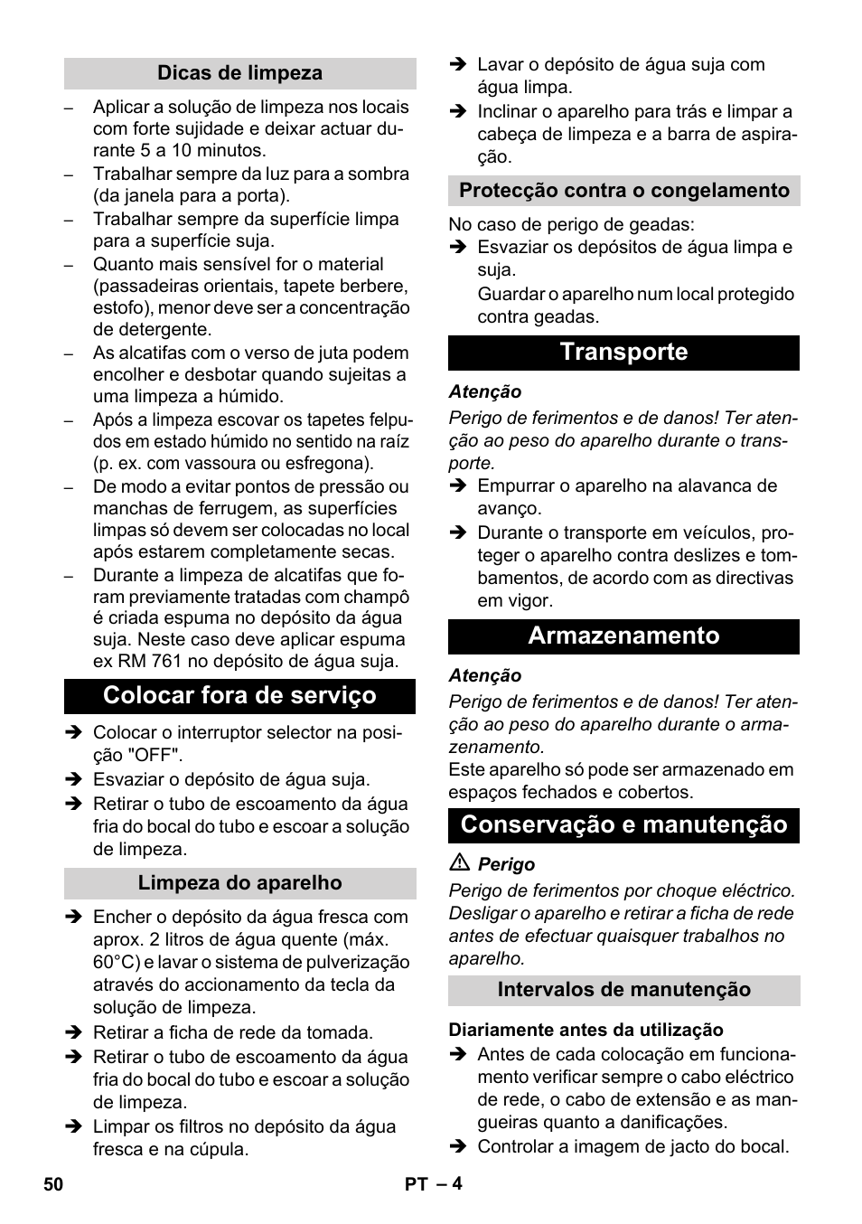 Colocar fora de serviço, Transporte armazenamento conservação e manutenção | Karcher BRC 30-15 C User Manual | Page 50 / 200