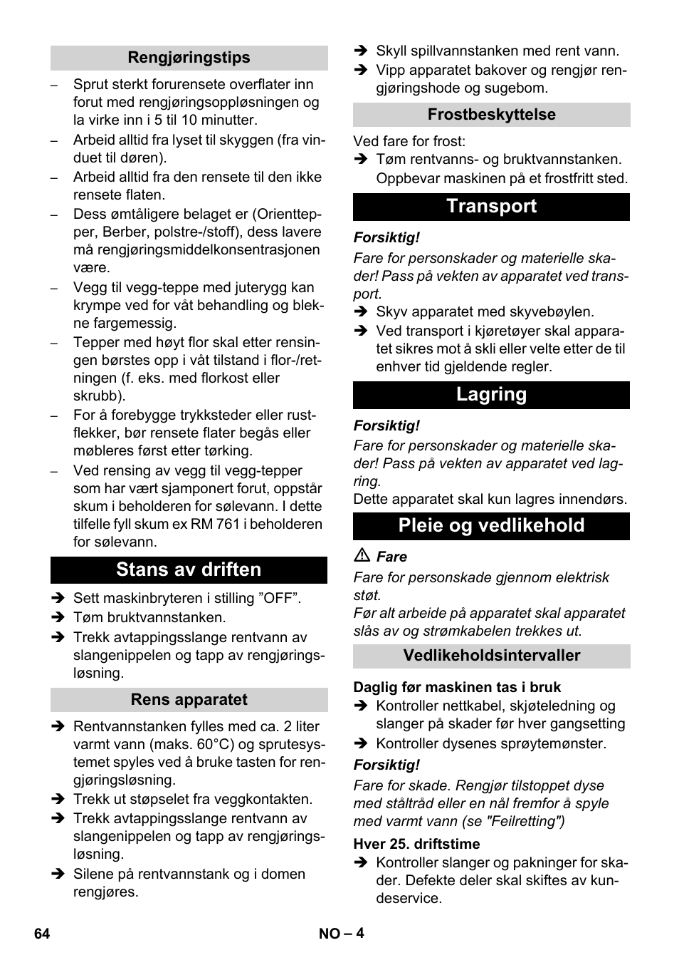 Stans av driften, Transport lagring pleie og vedlikehold | Karcher BRC 30-15 C User Manual | Page 64 / 200