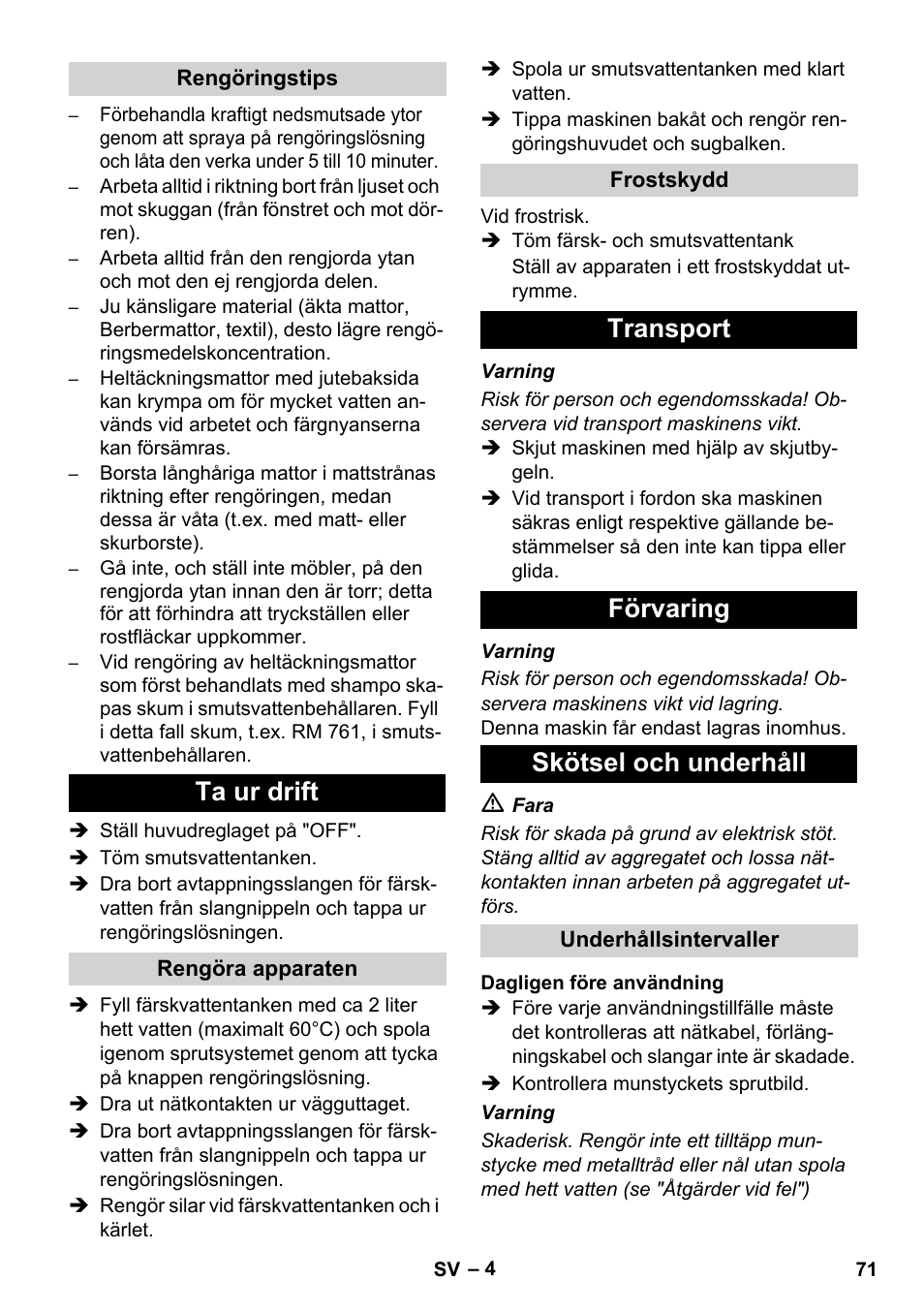 Ta ur drift, Transport förvaring skötsel och underhåll | Karcher BRC 30-15 C User Manual | Page 71 / 200