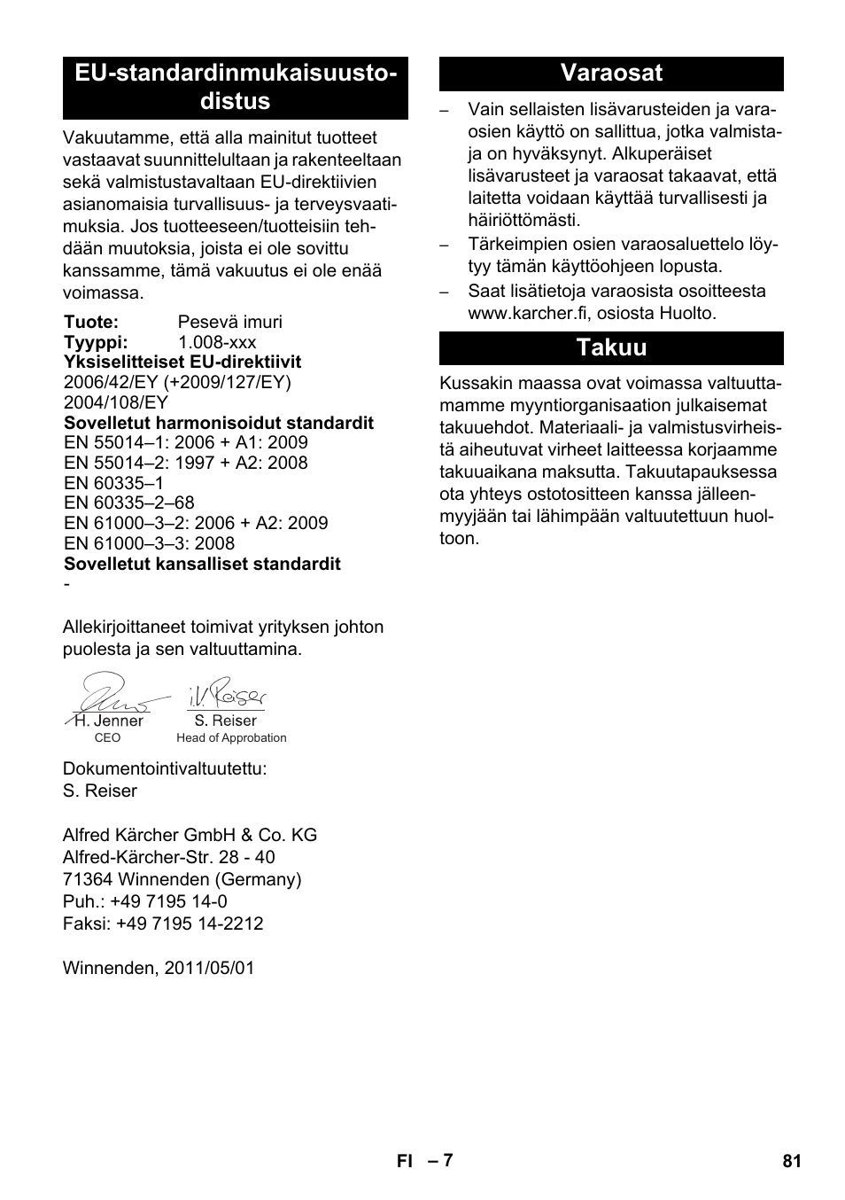 Eu-standardinmukaisuusto- distus, Varaosat takuu | Karcher BRC 30-15 C User Manual | Page 81 / 200